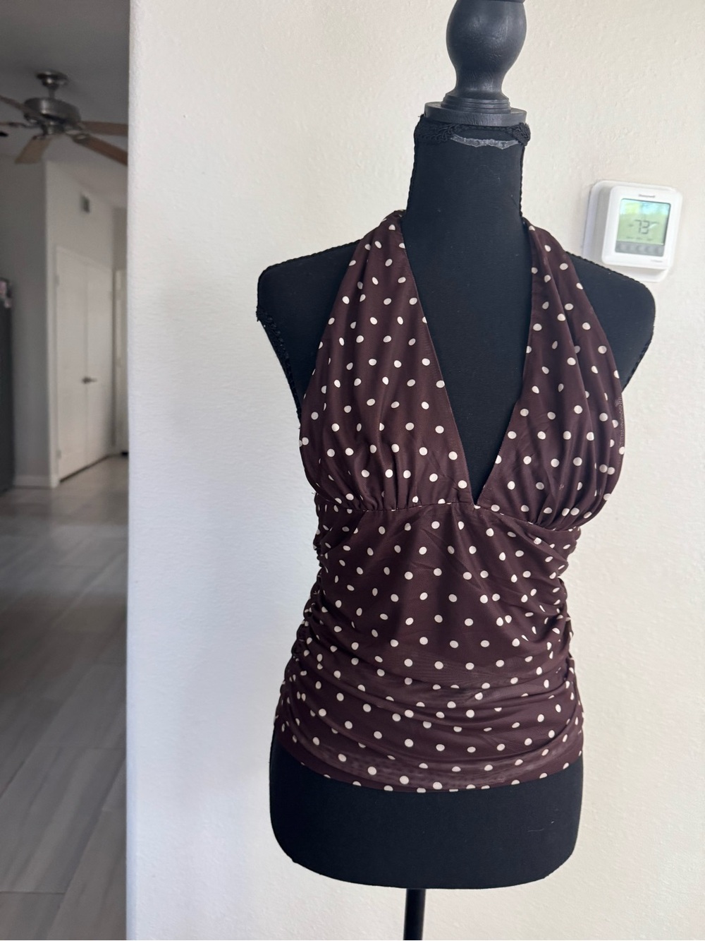IRIS Brown Polka Dot Ruched Halter Top Size M